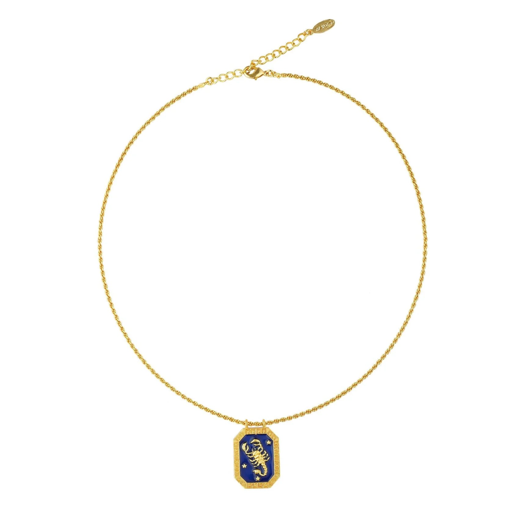 Full-length gold Scorpio zodiac necklace with tablet-shaped charm