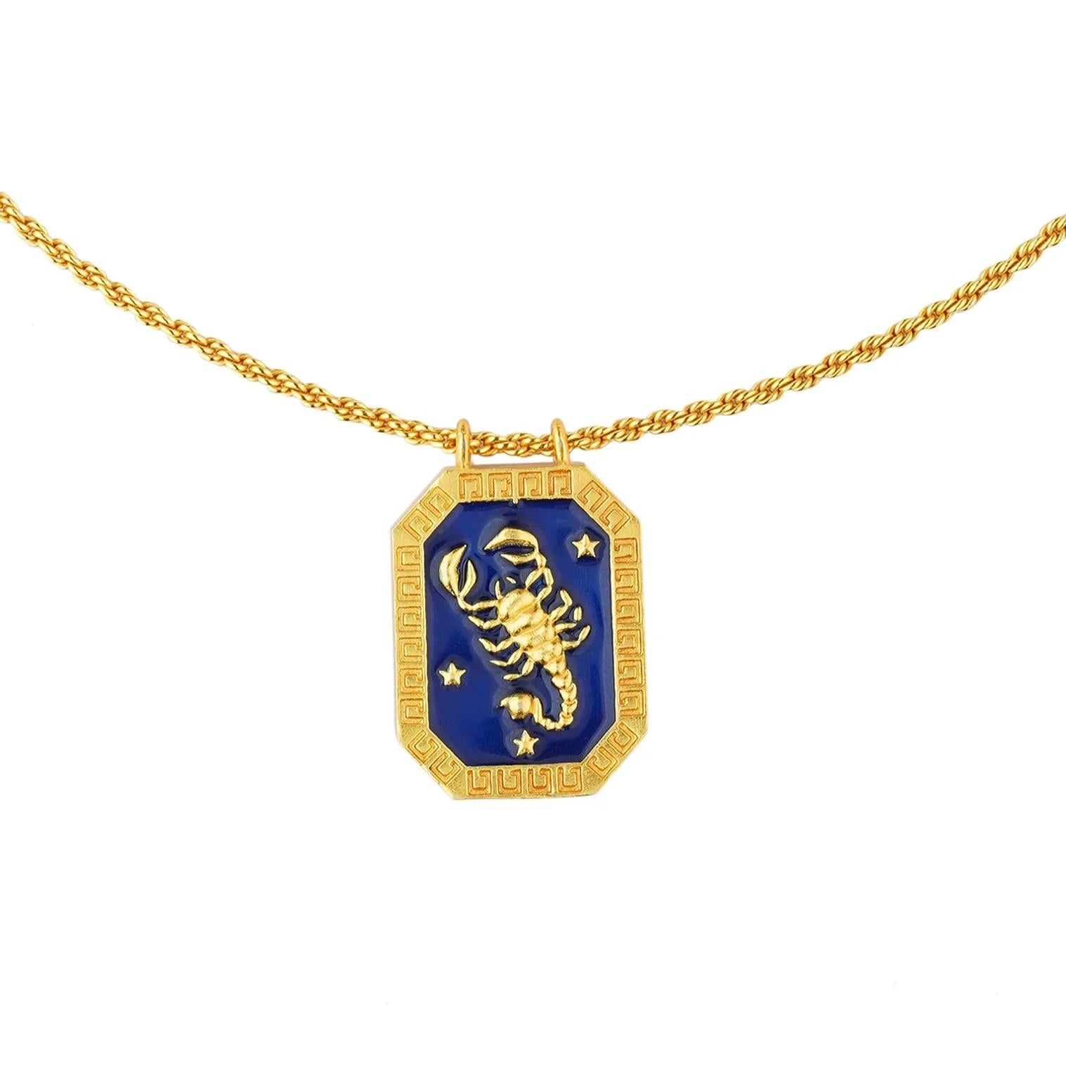 Gold-plated rectangular Scorpio zodiac pendant necklace with blue enamel tablet