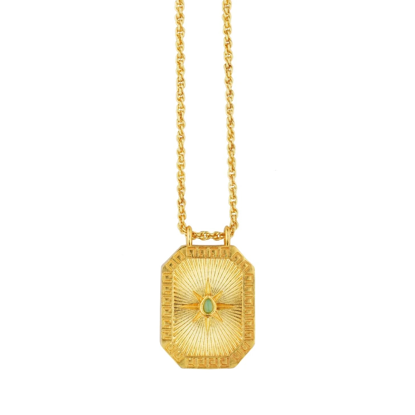 Reversible gold Taurus tablet pendant featuring chrysoprase-backed design on chain