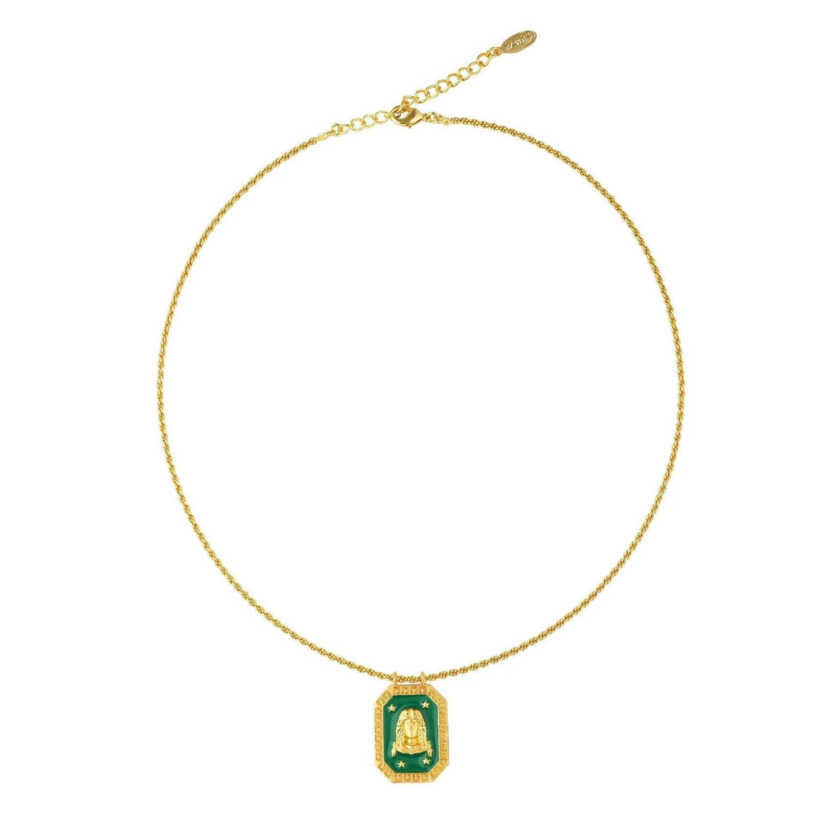 Full-length gold Virgo zodiac necklace with tablet-shaped charm