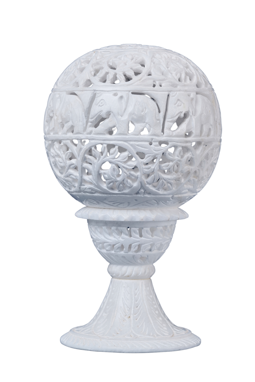 White soapstone carved lamp with floral and elephant patterns – handcrafted Indian artisan decor piece