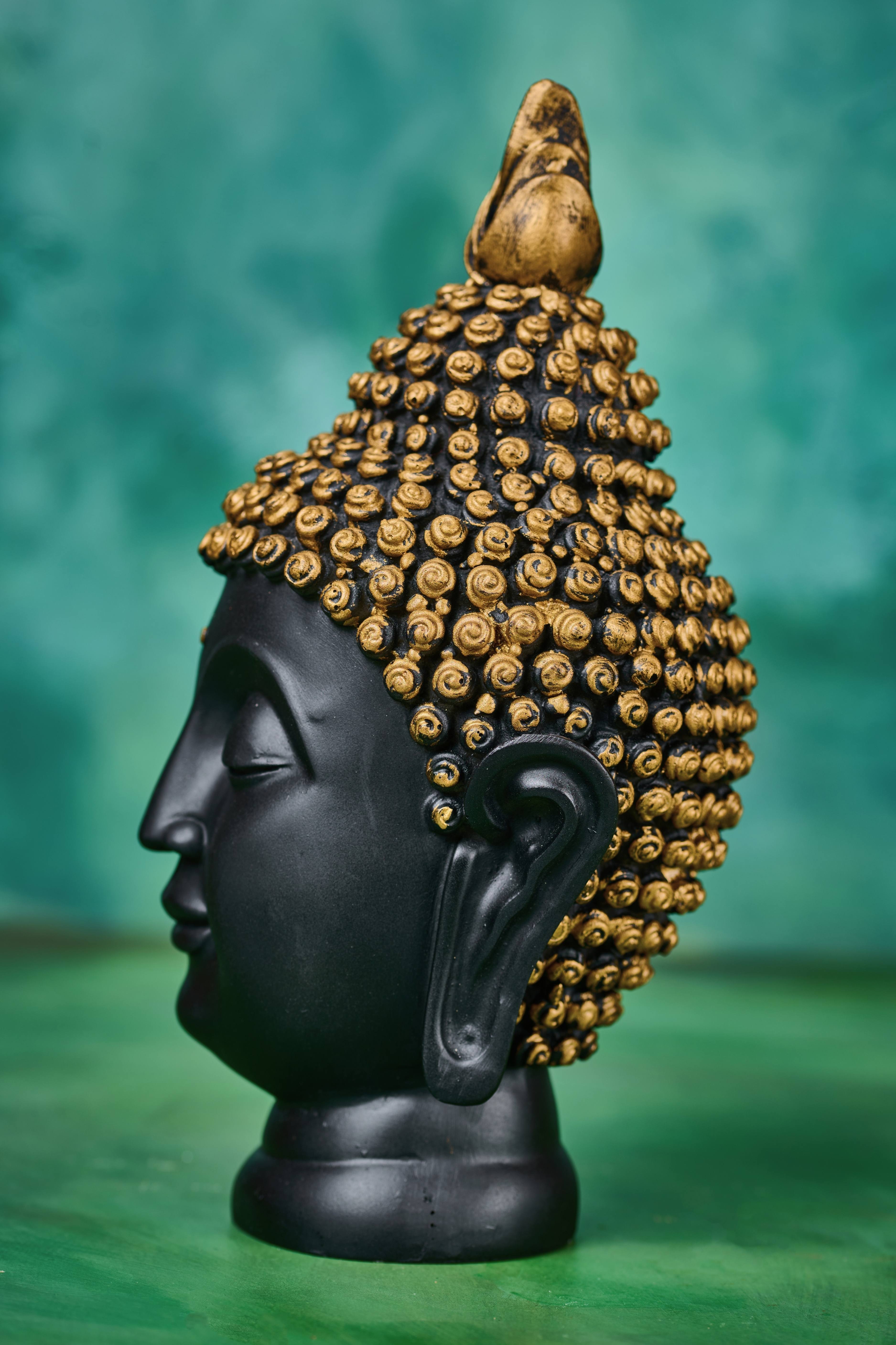 Buddha head sculpture with gold accents – spiritual home decor figurine for calm spaces