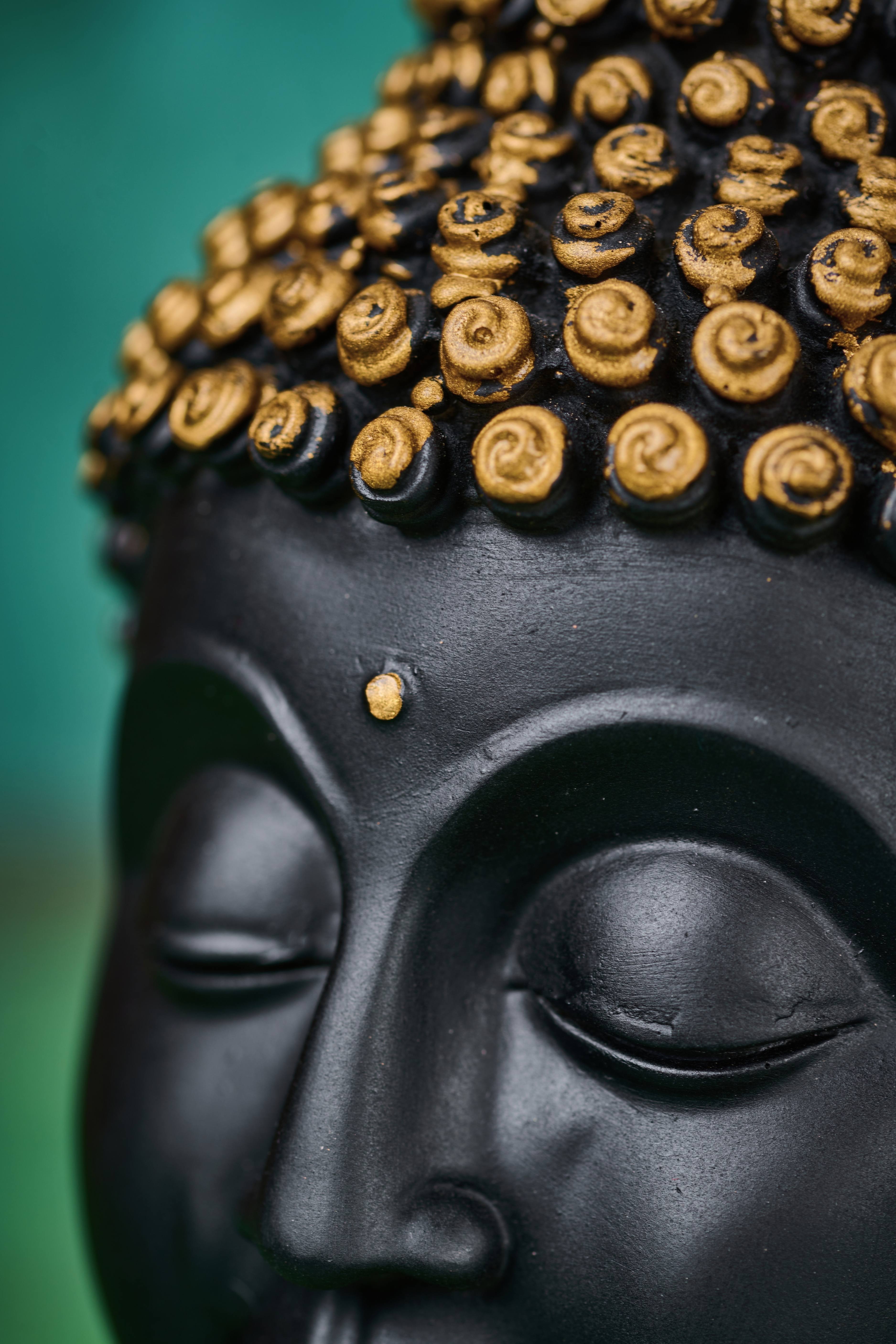Angled view of black-tinted Buddha head with gold detailing – mindfulness and meditation decor piece