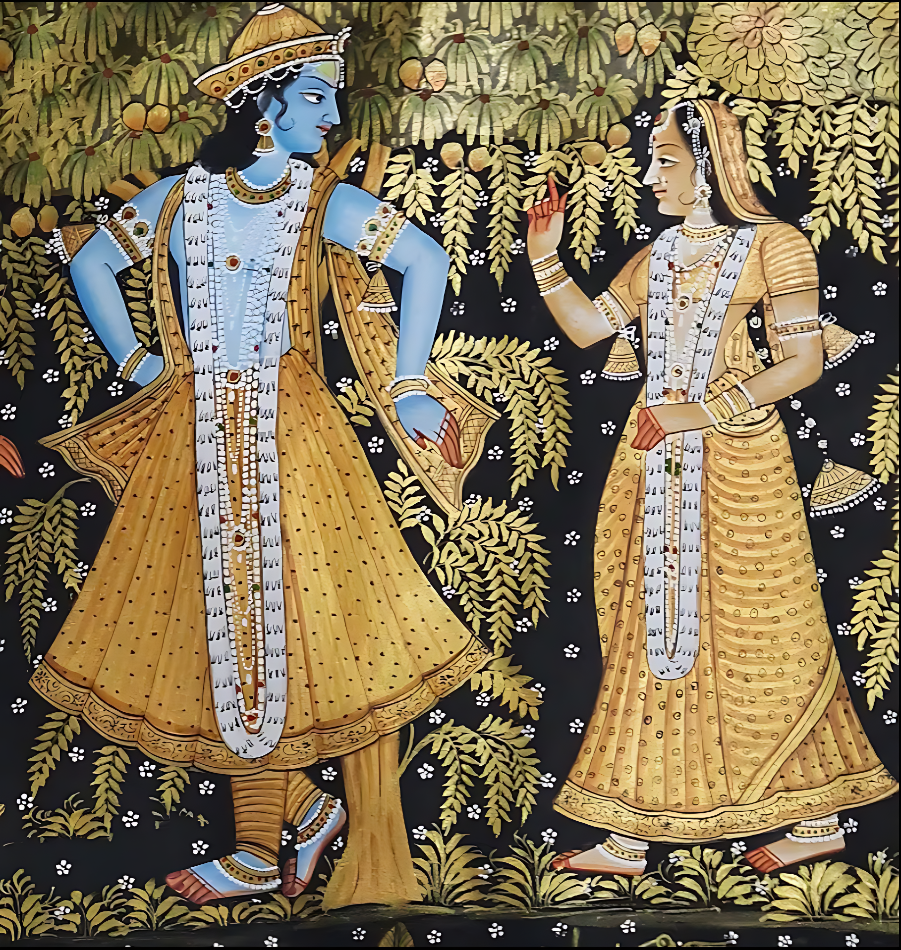 Close-up of Radha and Krishna in a golden Pichwai painting, detailed spiritual Indian artwork with intricate motifs
