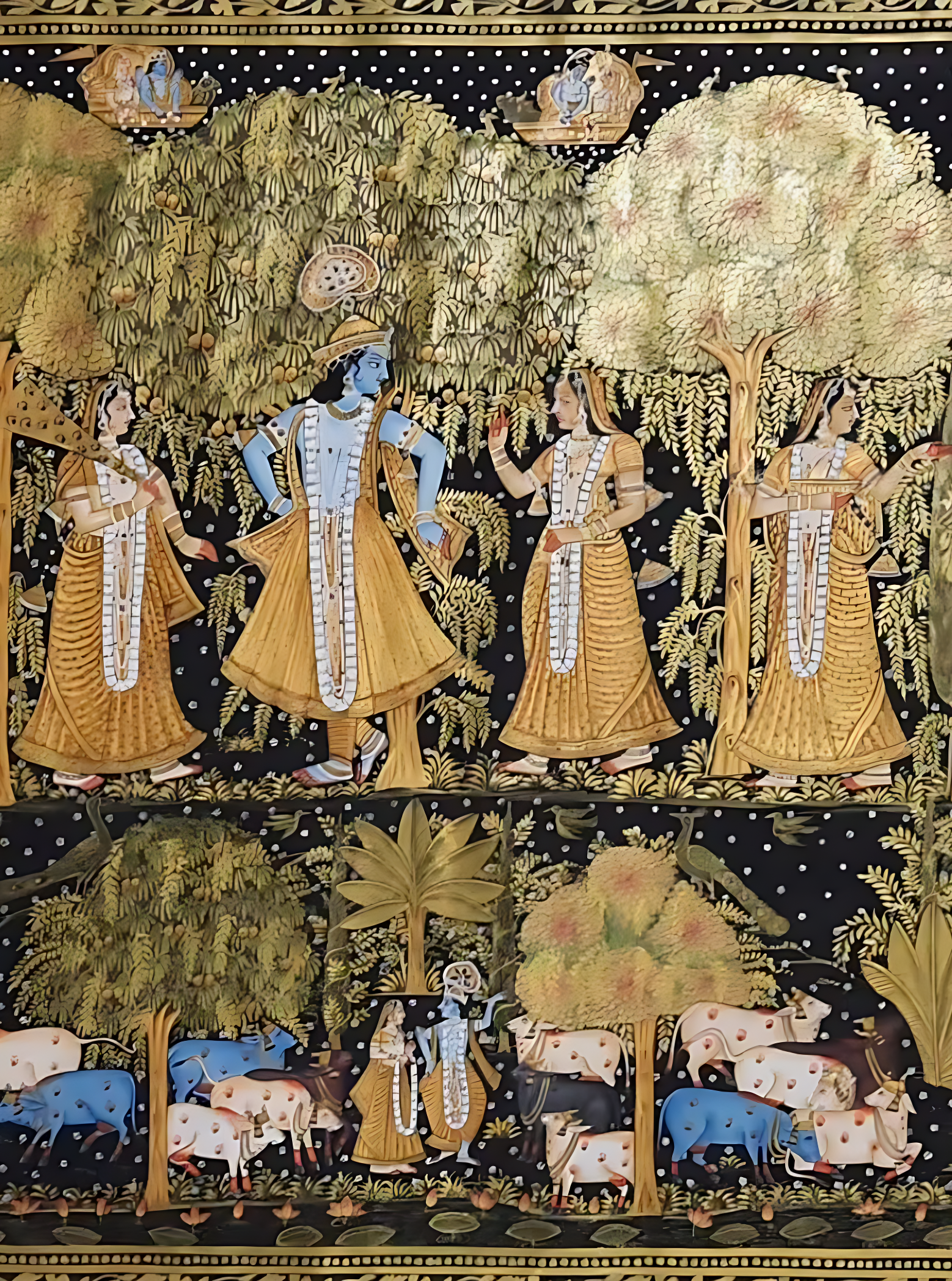Detail of Gopis and Radha Krishna in a golden Pichwai artwork, intricate devotional Indian painting for sacred décor