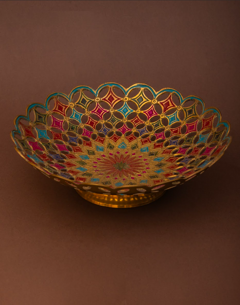 Geometric Ornate Fruit Bowl in Brass