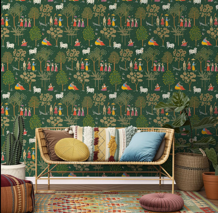 Radha-Krishna pichwai wallpaper - customized indian heritage forest wallpaper for living room