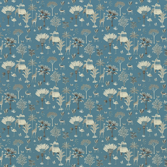 Patterned wallpaper with animals, plants, and furniture on a blue background