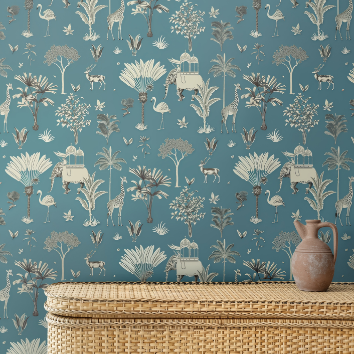 Wallpaper with animals and plants on a blue background - customized indian traditional wallpaper