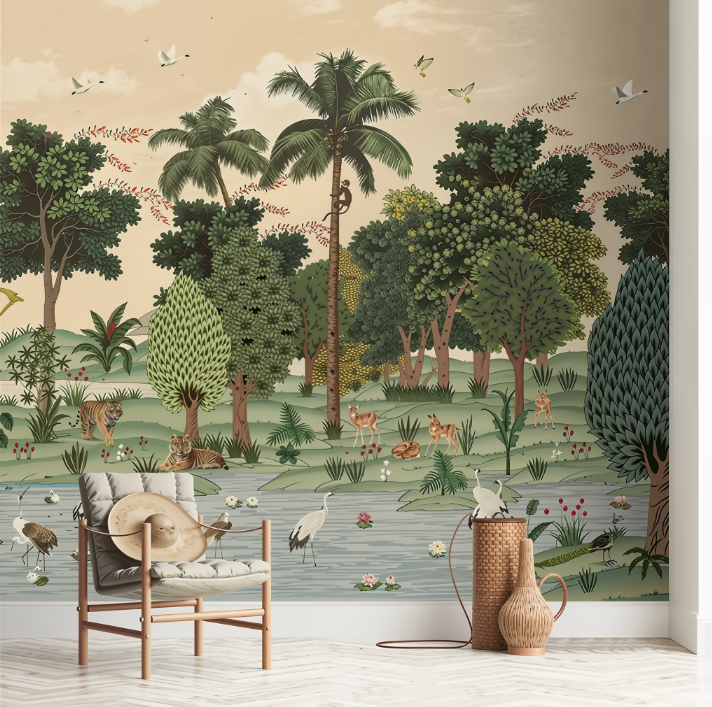 serene wildlife ranthambore forest wallpaper - customized forest wallpaper for living room