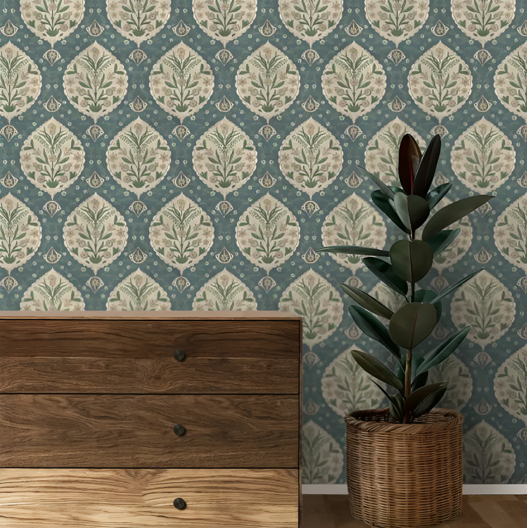 Block Elegance Gulmohar wallpaper - customized floral block print wallpaper for bedroom