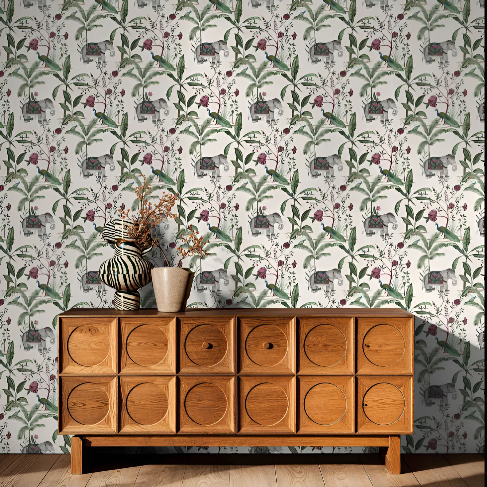 Eternal Eden Mayura Yatra wallpaper - customized indian animal wallpaper with elephants and palm trees