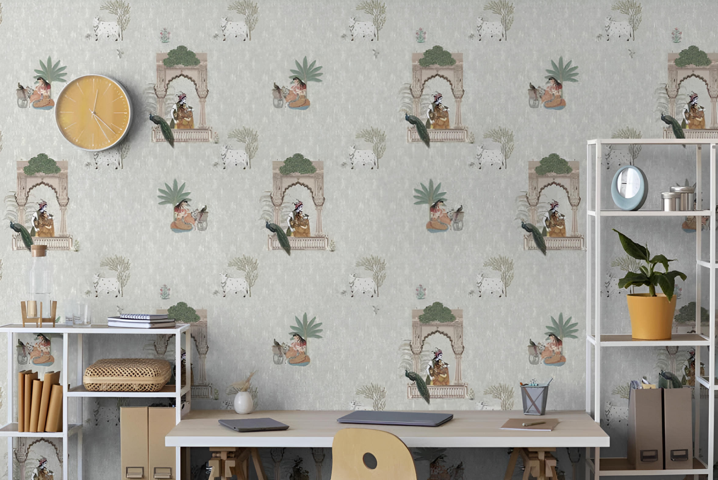 Sacred Tapestry Pichwai wallpaper - Customized indian traditional wallpaper with Radha-Krishna and Cows buy now