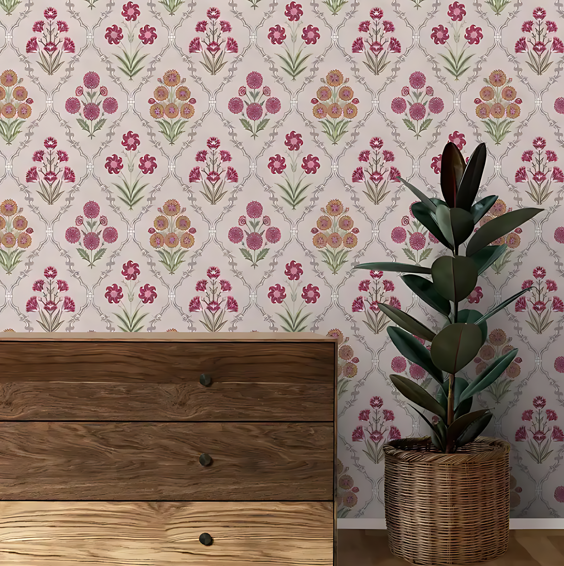 Blooming Grace Phulwari wallpaper - customized pink and purple floral patterned wallpaper for living room