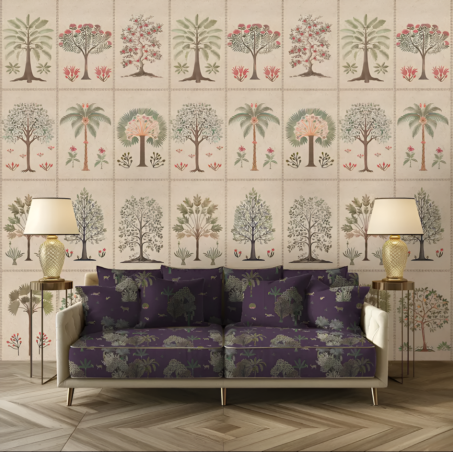 Pravaah Beige Botanical wallpaper - Customized traditional tree and floral wallpaper