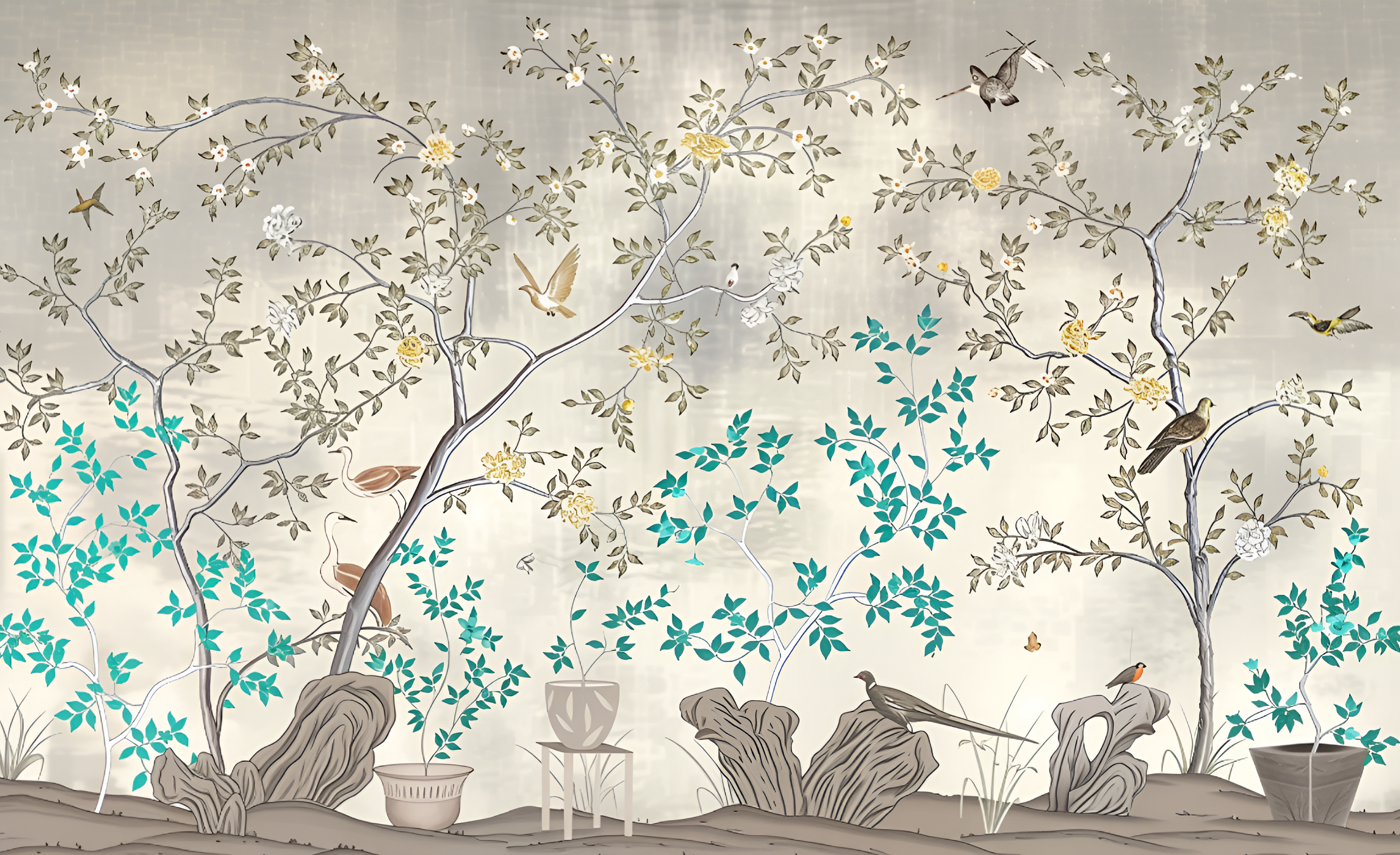 Chinoiserie floral wallpaper with birds and trees - customized floral wallpaper for living room