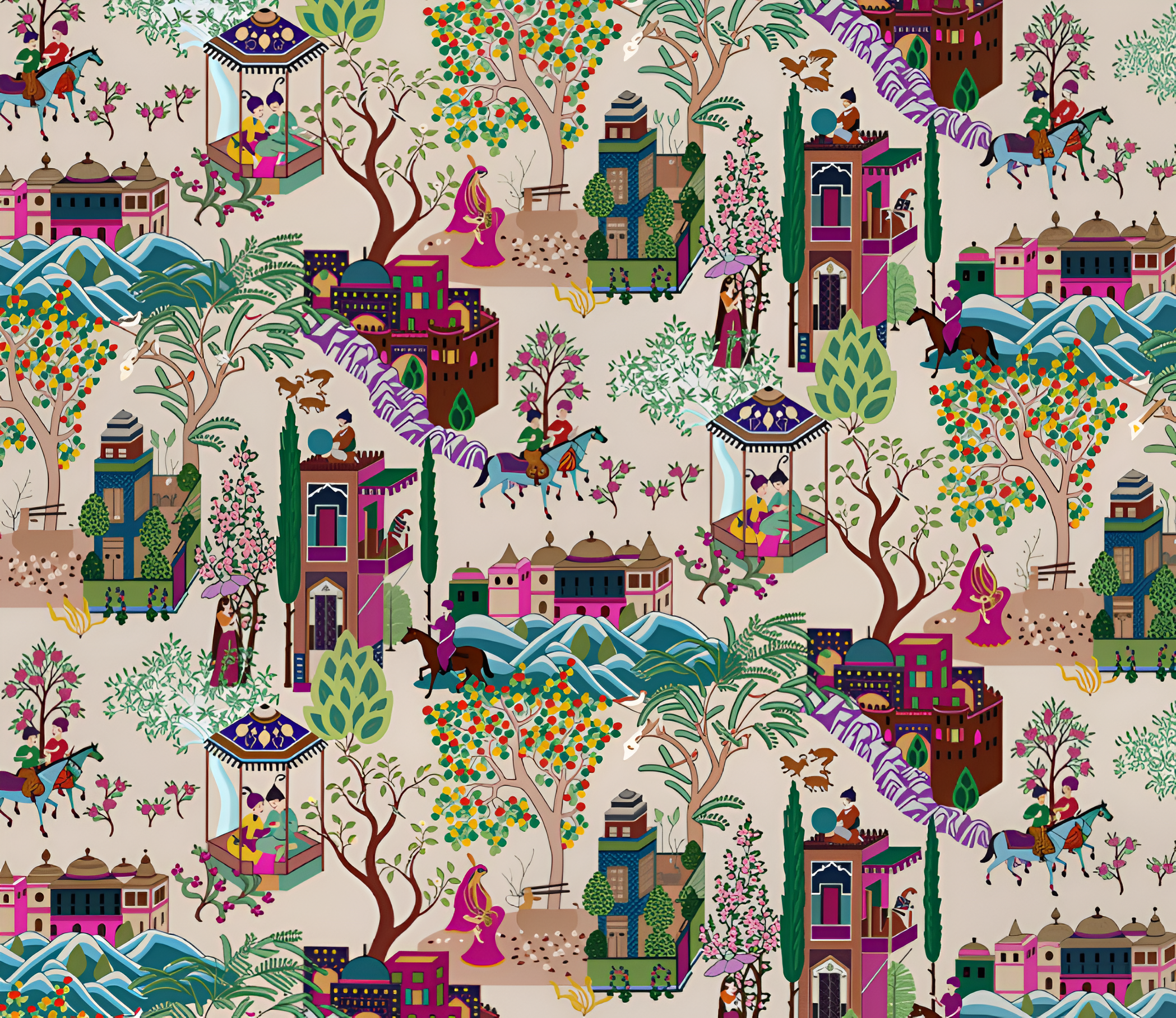 Colorful patterned fabric with traditional scenes, buildings, and people on a beige background.