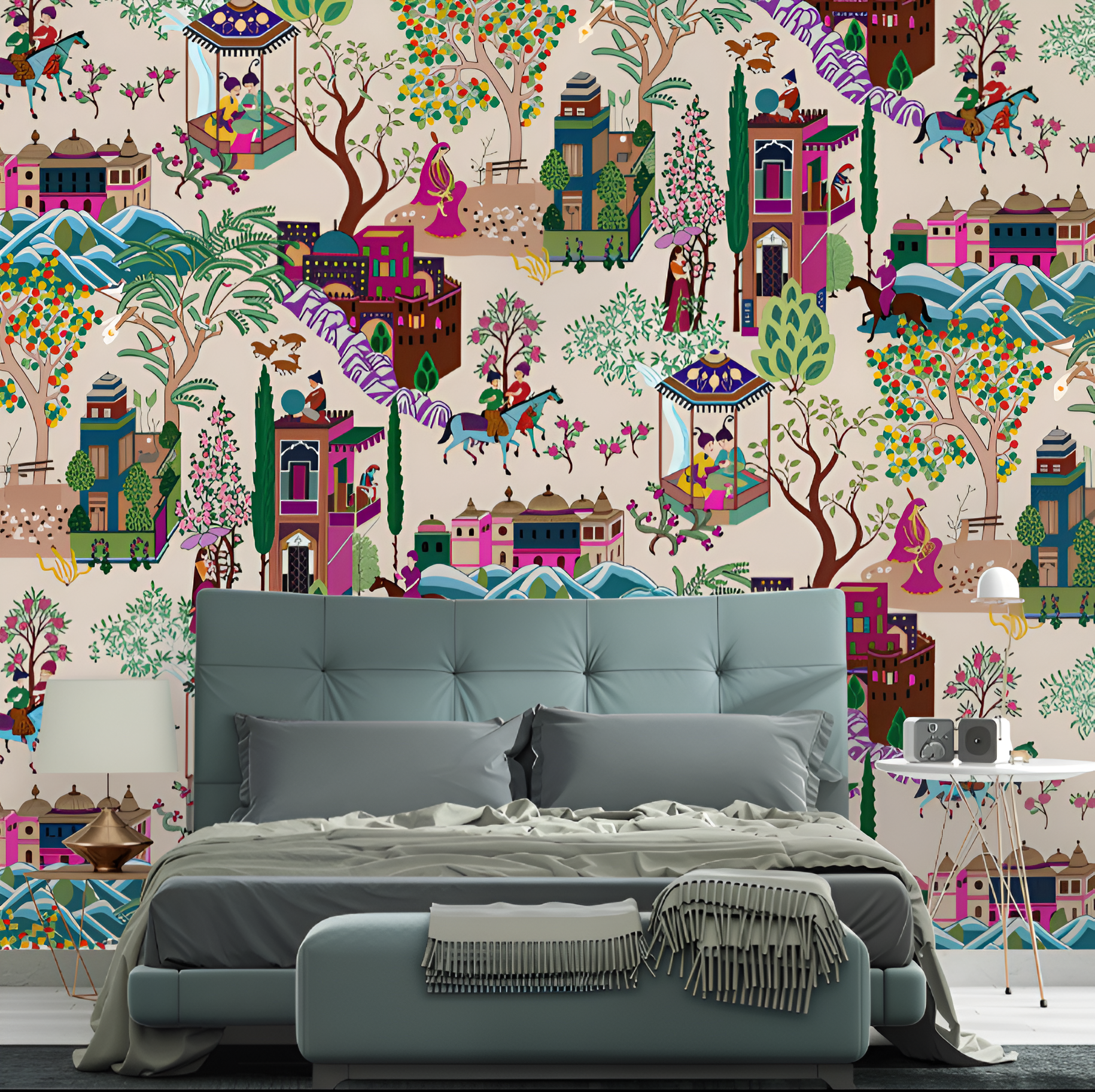 Bedroom with a colorful mural wall featuring architectural elements and people.