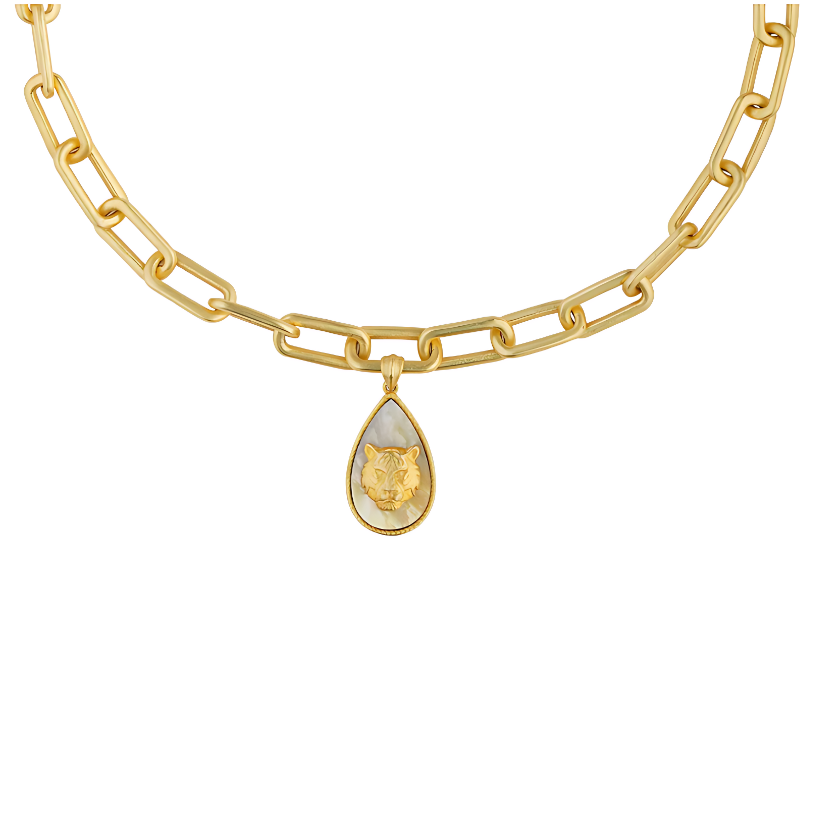 Tigris Charm Tiger Link Necklace with Mother of Pearl