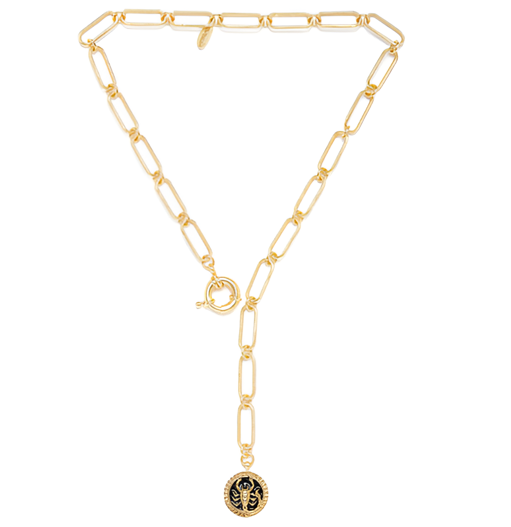 Gold-plated Scorpio pendant necklace with long paperclip chain and black enamel scorpion medallion