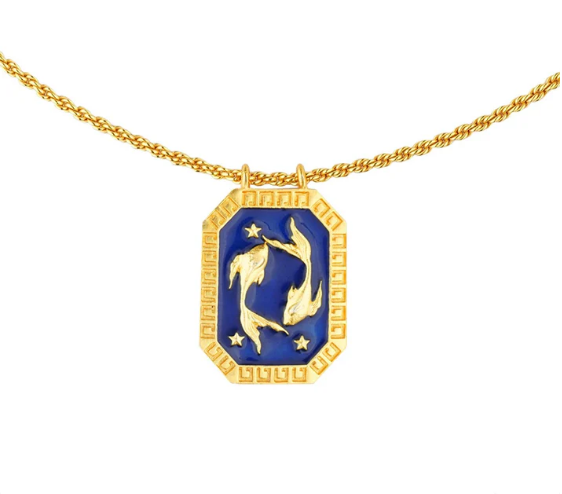 Pisces Zodiac Tablet Reversible Necklace with Aquamarine