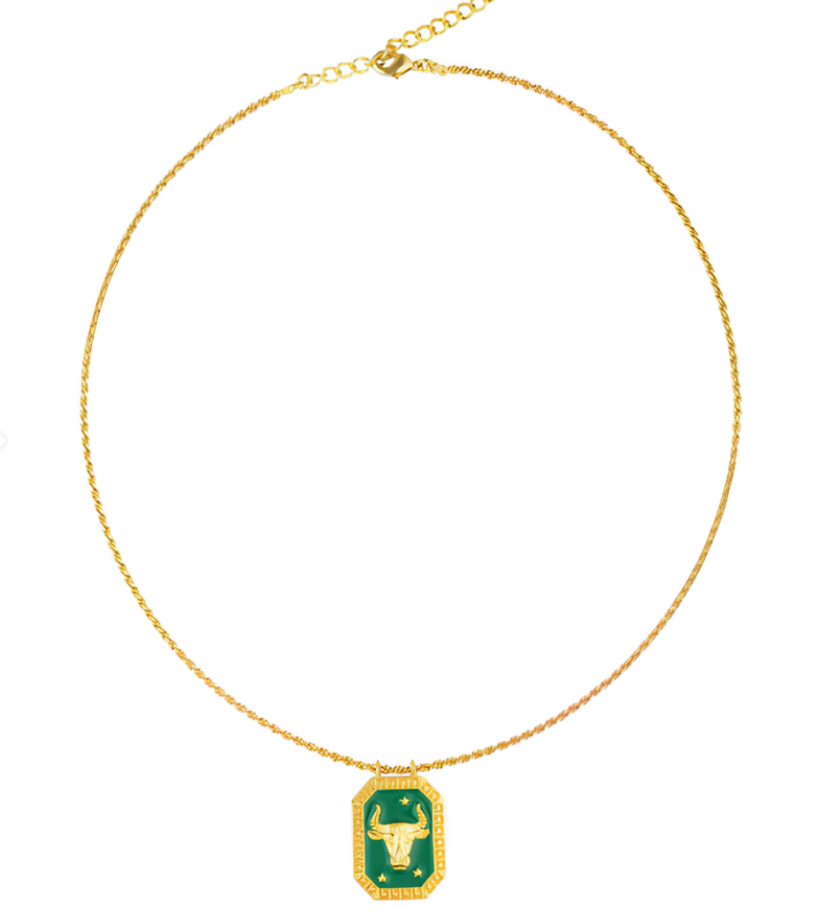 Full-length gold Taurus zodiac necklace with tablet-shaped charm