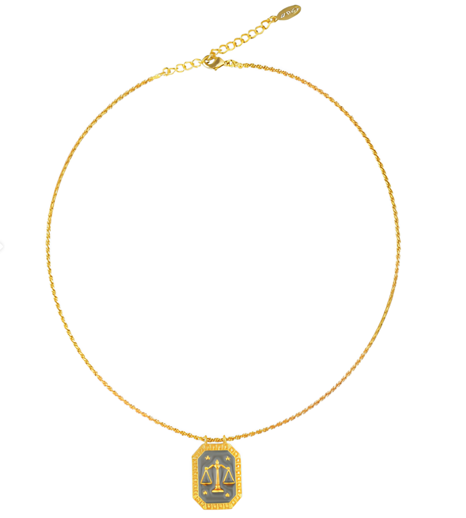 Full-length gold Libra zodiac necklace with tablet-shaped charm