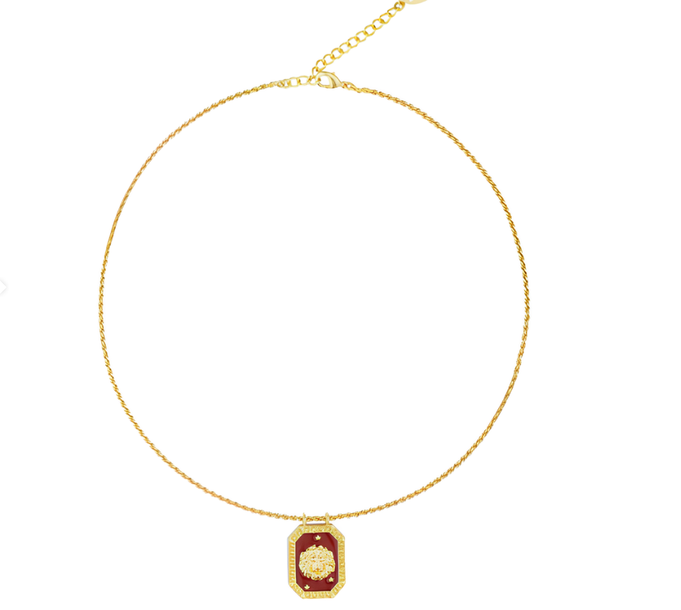 Full-length gold Leo zodiac necklace with tablet-shaped charm
