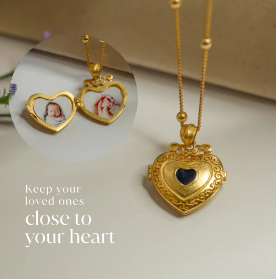 polished gold heart photo locket necklace, timeless sentimental jewelry for women, everyday wear