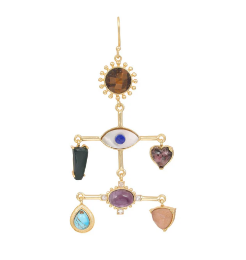 gold-plated polished chakra statement earrings with multicolor gemstones for women, spiritual boho jewelry for occasion wear