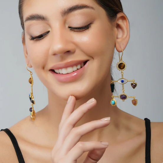 model wearing gold-plated chakra motif multicolor statement earrings, boho spiritual jewelry for women, occasion wear accessory
