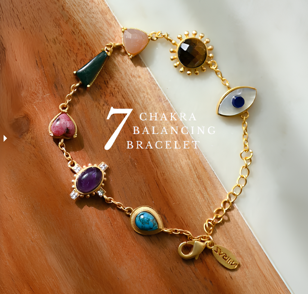 Power Goddess bracelet with colorful gemstones displayed on wooden surface