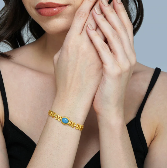 Blue chalcedony healing bracelet styled on model for peaceful everyday wear