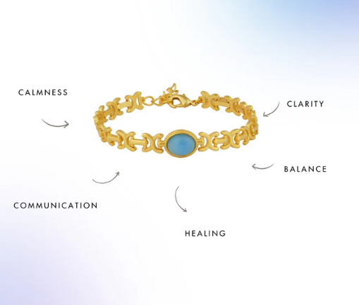 Blue chalcedony peace bracelet with gemstone benefits and gold chain illustration