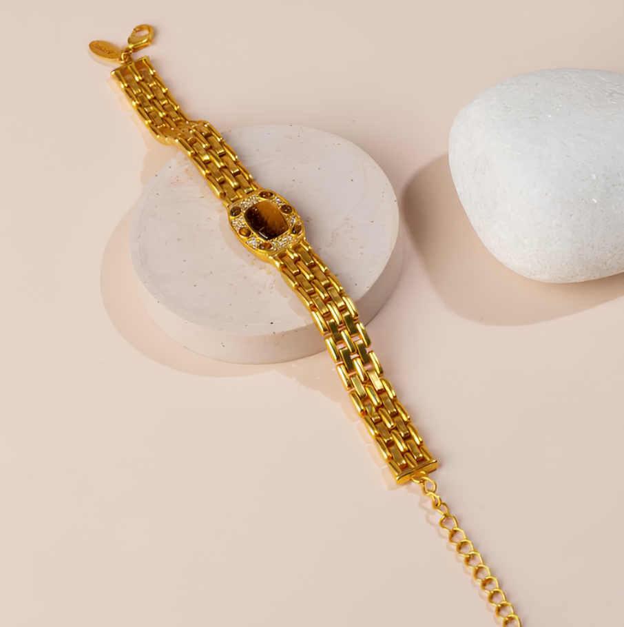 gold-plated polished oval tiger’s eye unisex bracelet, modern protection jewelry for everyday wear