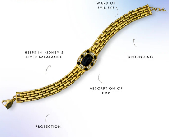 polished gold-tone unisex bracelet with oval black tourmaline stone, everyday protection jewelry