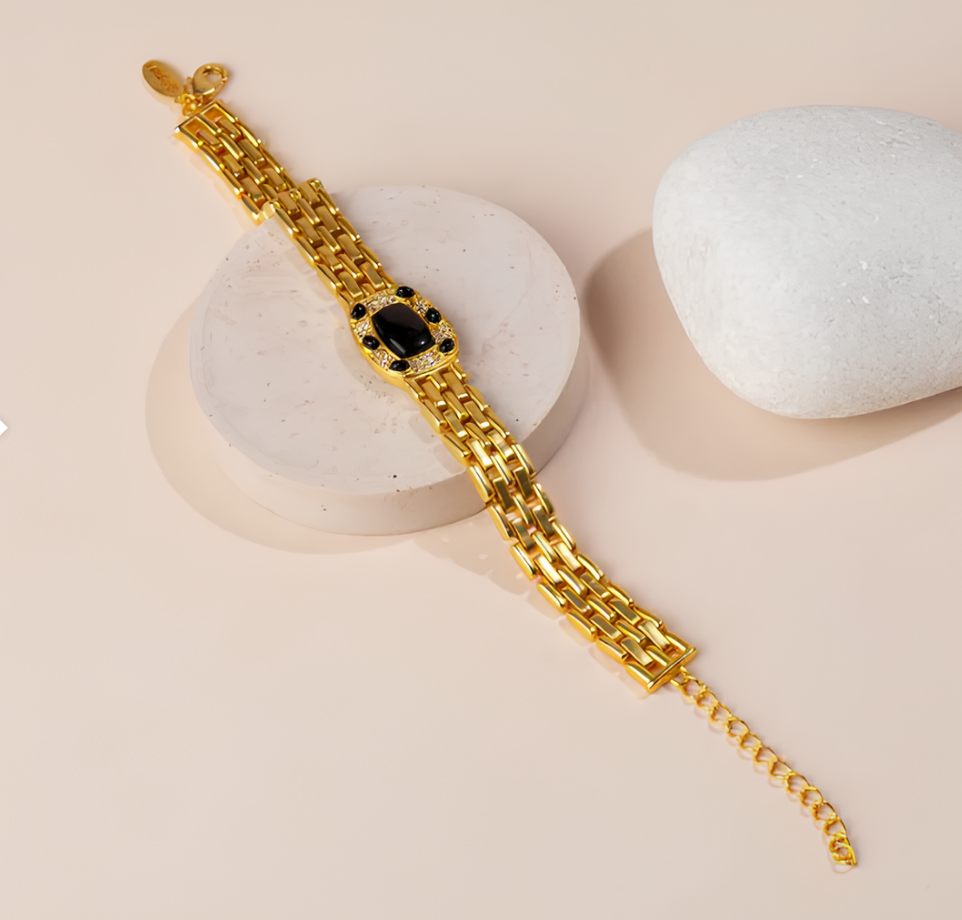 gold-plated polished oval black tourmaline unisex bracelet, modern protection jewelry for daily wear