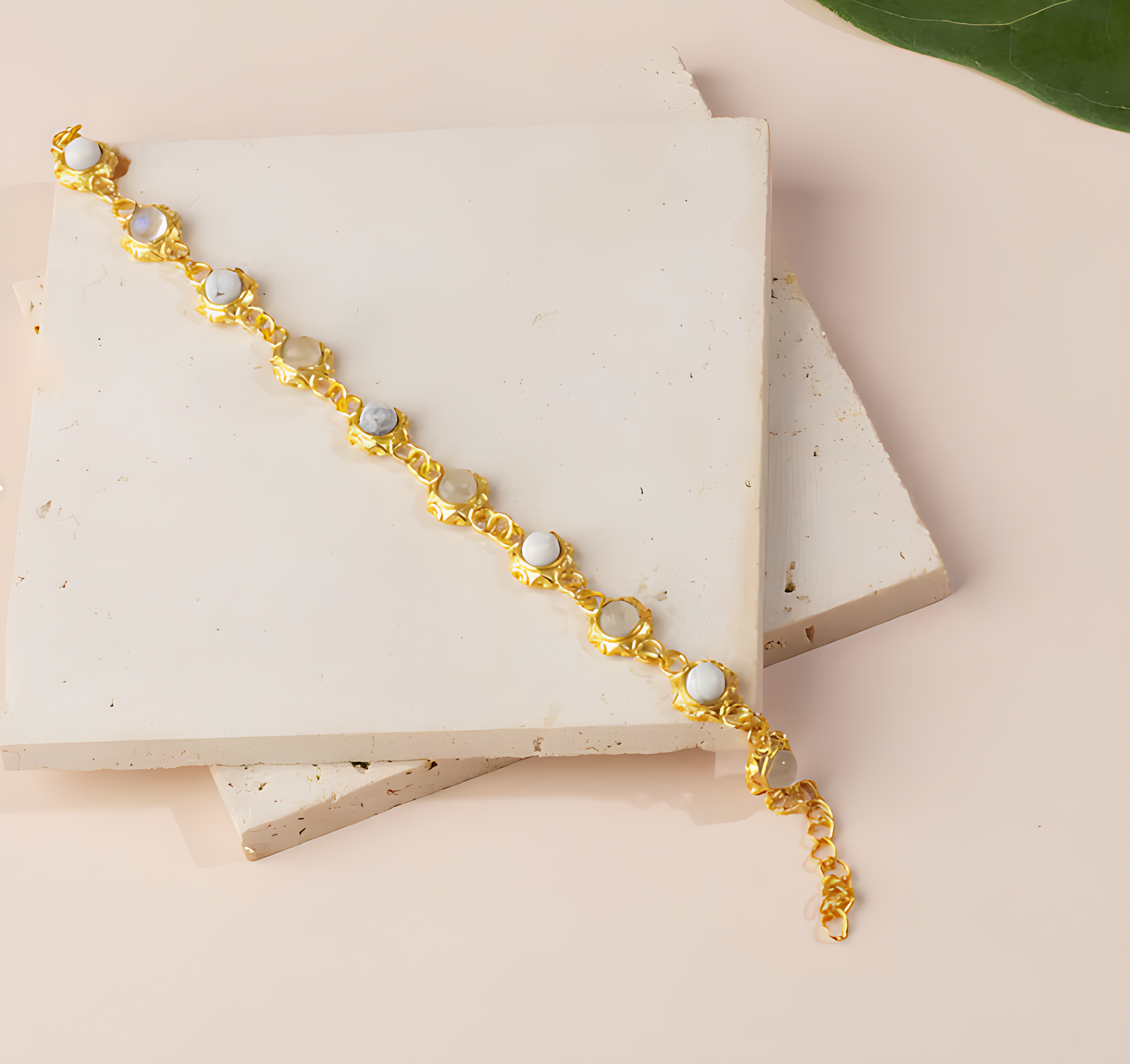 gold-plated oval moonstone and howlite bracelet, minimalist unisex jewelry for everyday wear