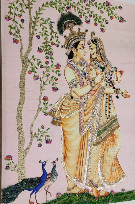 Radha Krishna Pink Raw Silk Tapestry