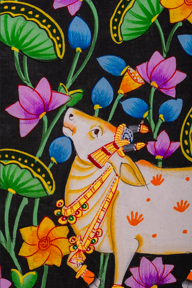 Sacred Cow in the Blossoming Garden – Indigo Pichwai Painting (Set of 2)