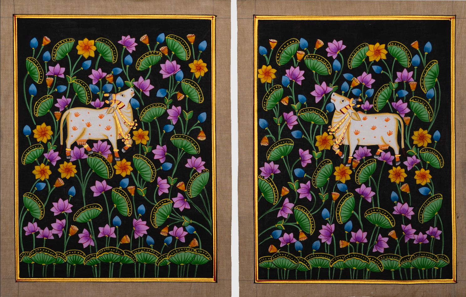 Sacred Cow in the Blossoming Garden – Indigo Pichwai Painting (Set of 2)