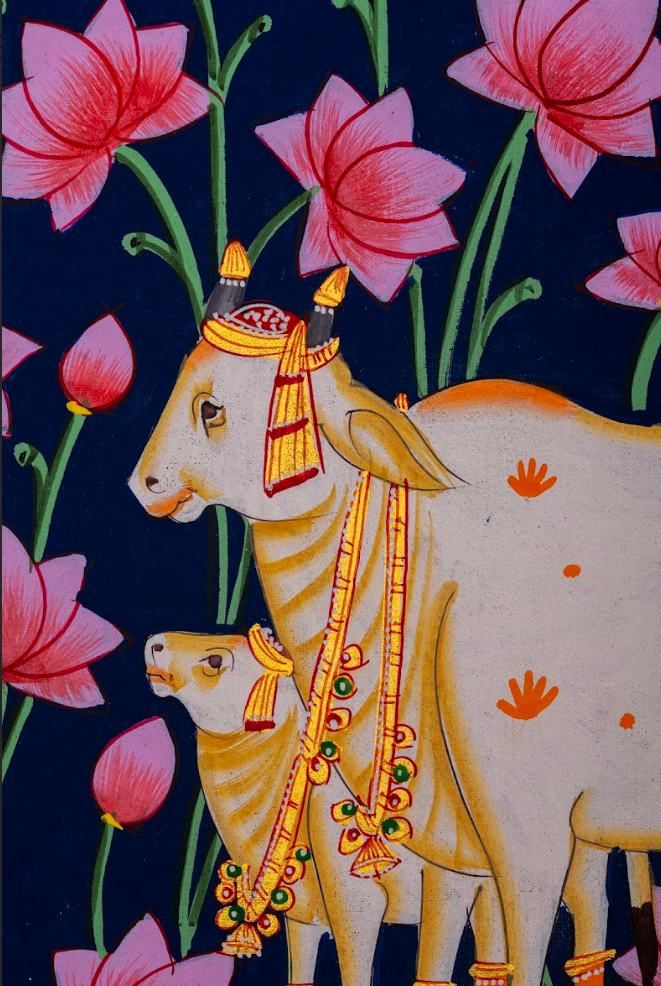 Sacred Cow in the Lotus Garden – Indigo Pichwai Painting (Set of 2)