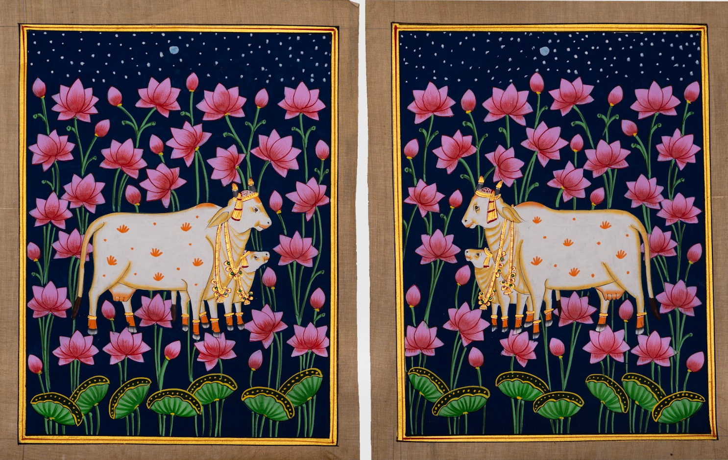 Sacred Cow in the Lotus Garden – Indigo Pichwai Painting (Set of 2)
