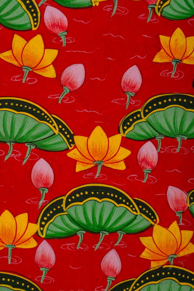 Crimson Lotus Garden - Pichwai Painting