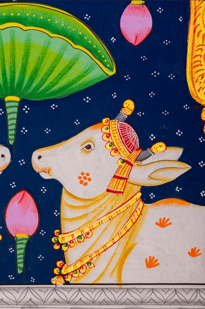 Celestial Lotus & Sacred Pair - Indigo Pichwai Painting