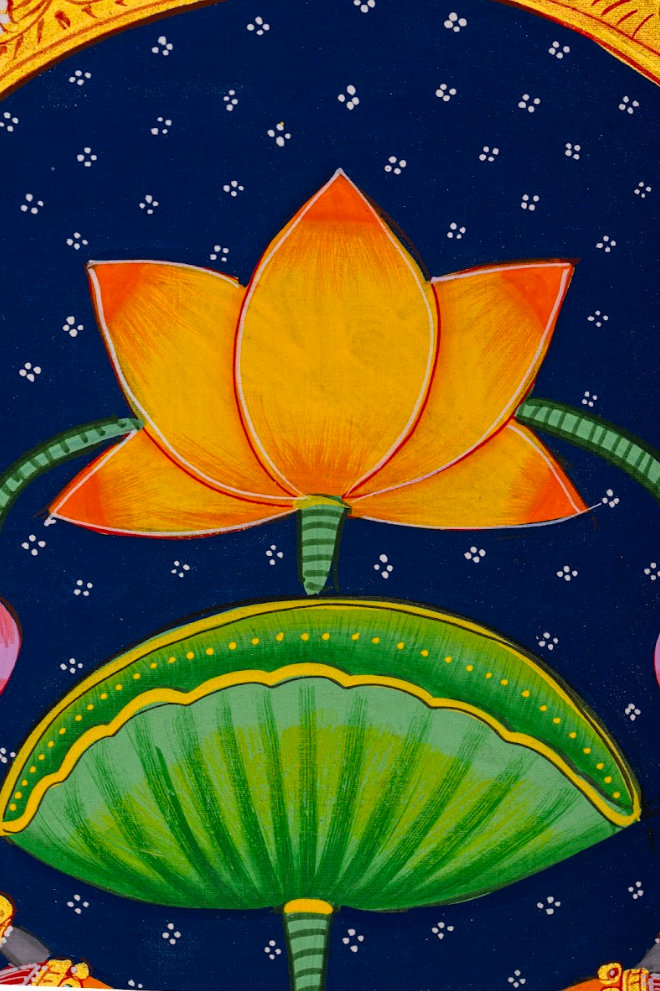 Celestial Lotus & Sacred Pair - Indigo Pichwai Painting