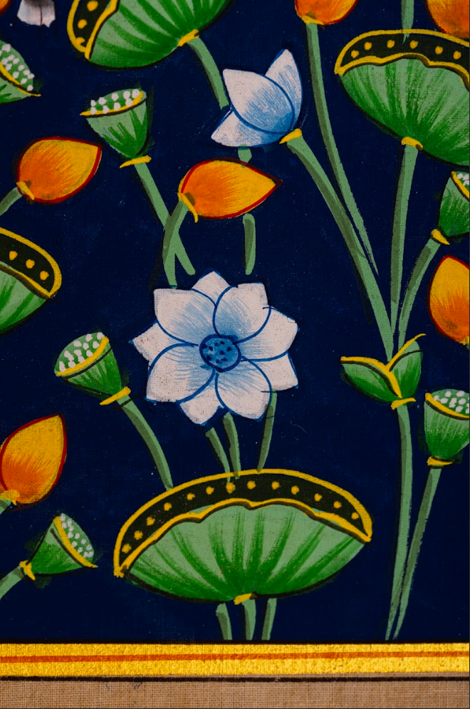 Sacred Pair in the Lotus Garden – Indigo Pichwai Painting (Set of 2)