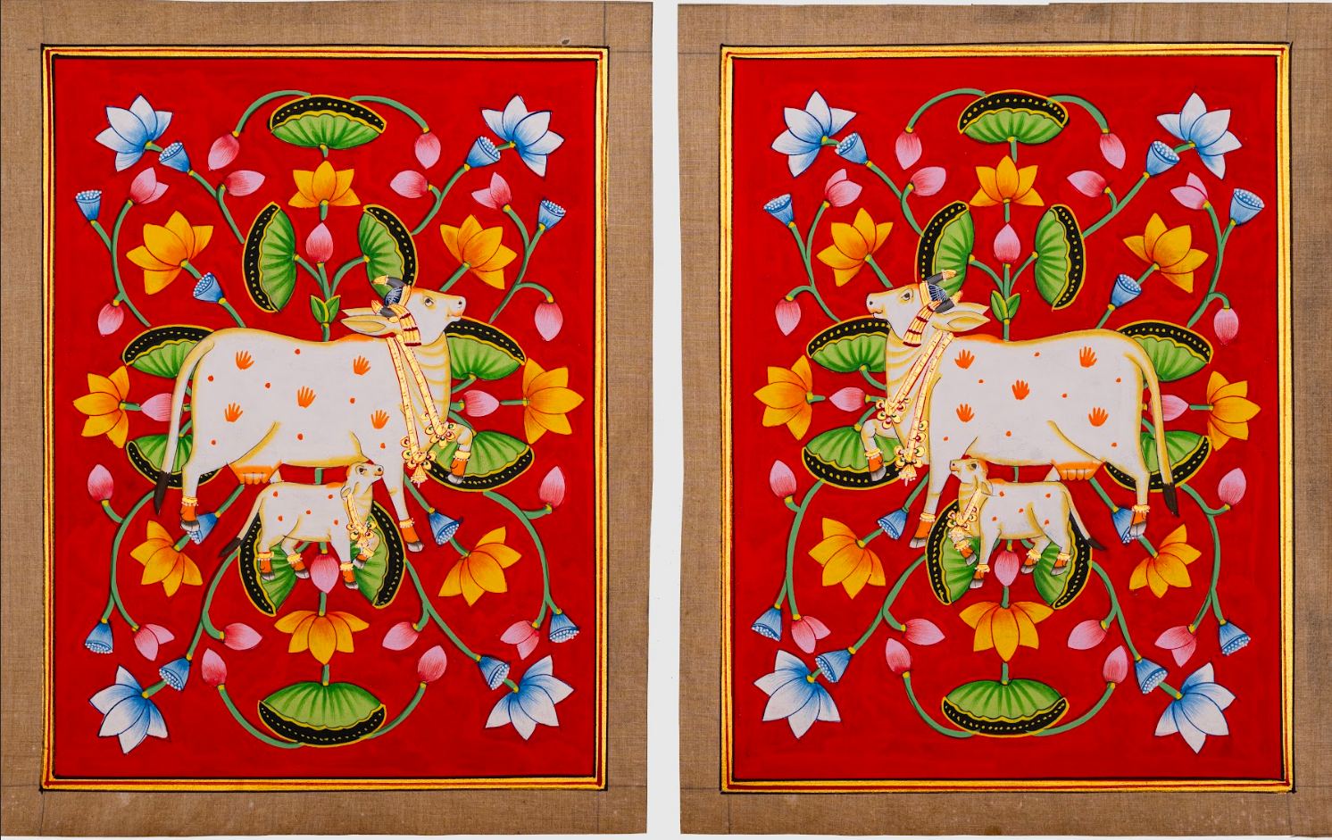 Vermilion Garden – Sacred Cow & Calf Pichwai Painting (Set of 2)