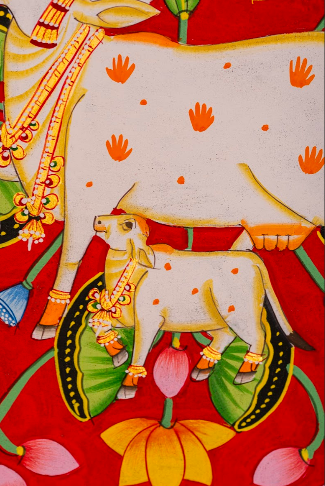 Vermilion Garden – Sacred Cow & Calf Pichwai Painting (Set of 2)