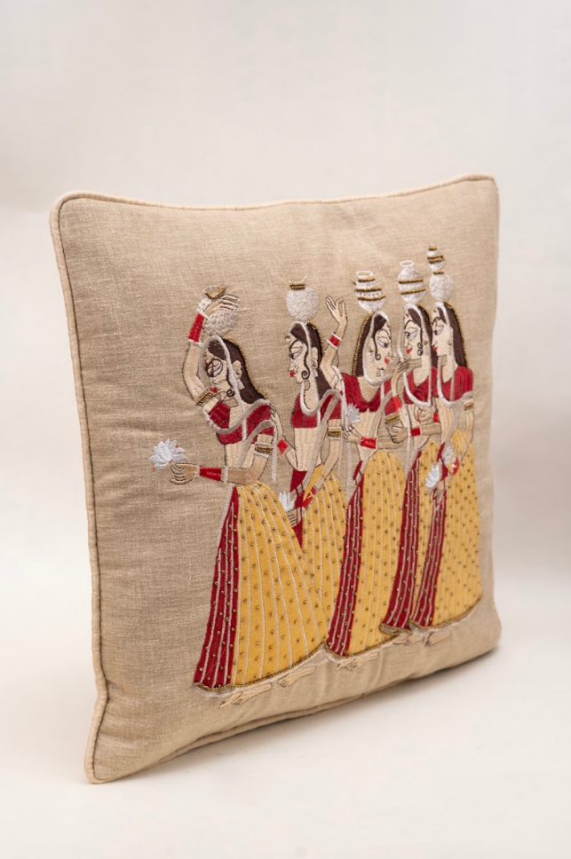 Courtesan Procession Embroidered Cushion Covers - Set of Four